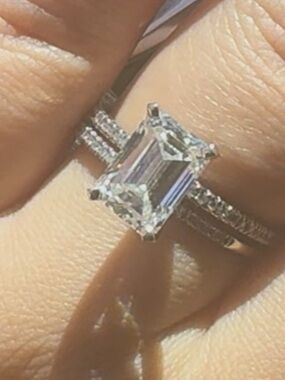 Emerald-Cut White/Silver Engagement Ring with Pavé Band